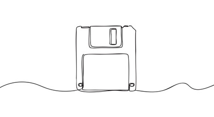 Obraz premium Single continuous line drawing of a retro floppy disk, symbolizing old technology, data storage, and nostalgic computing in a minimalist, artistic style