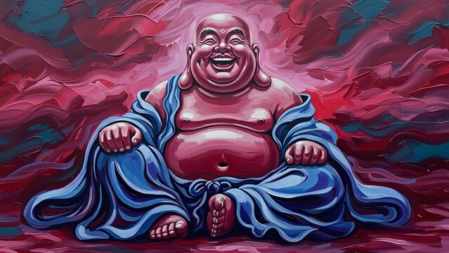 Laughing Buddha sits serenely amidst swirling red and blue robes