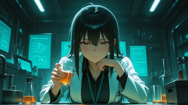 Anime girl sitting indoors at night, holding a drink, neon city lights, modern cyberpunk mood.