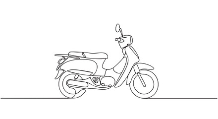 Minimalist continuous line drawing of a classic scooter, elegantly rendered with smooth, flowing black lines capturing its iconic silhouette in a clean, artistic style