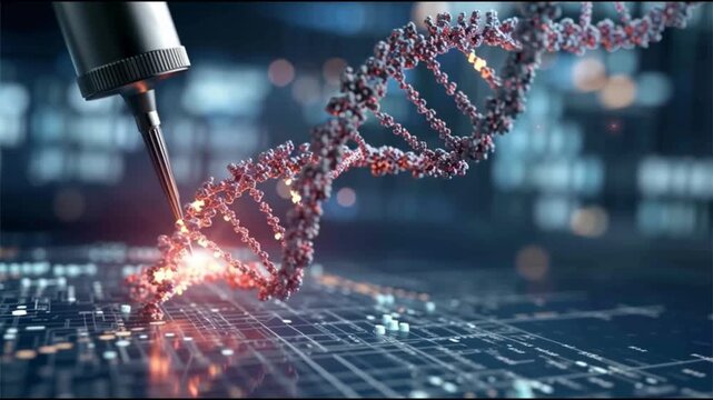 Gene editing medical breakthroughs. Genetic innovation. Advanced medicine. AI futuristic biotech. A DNA strand being edited with precision technology.