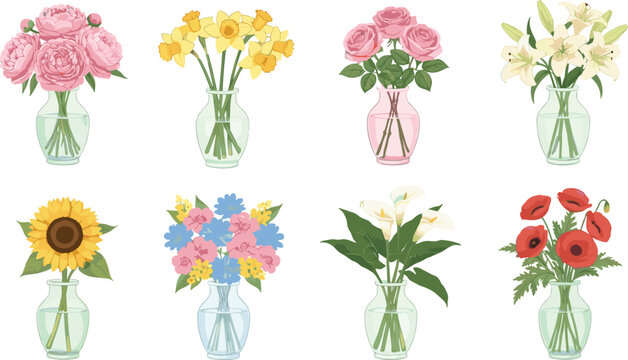 Flower bouquet in glass vase collection with roses lilies tulips sunflowers and wildflowers isolated on white background watercolor vector illustration set