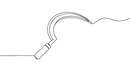 Obraz premium Single continuous line drawing of a traditional sickle with a curved blade and handle, extending into a wavy line, rendered in a minimalist black and white style