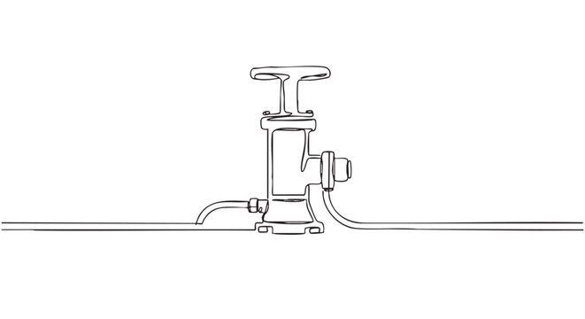 Continuous line drawing of a fire hydrant with pipes, rendered in a minimalist black and white artistic style, showcasing its industrial design