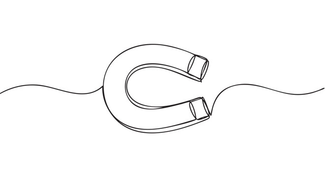 Simple continuous line art magnet with a classic U-shape is depicted in a minimalist illustration, featuring elegant wavy lines extending from its poles