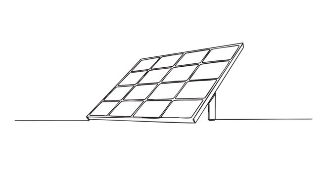 Continuous line art solar panel stands angled, showcasing its clean, minimalist design with multiple cells, rendered in a simple, modern illustration style