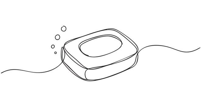 Minimalist continuous line drawing of a bar of soap with small bubbles and a wavy line, rendered in a clean, artistic, black and white illustration style