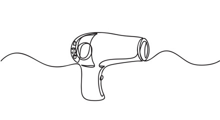 Obraz premium Minimalist continuous line art hair dryer is depicted with a single flowing black stroke, creating a modern and simple illustration with wavy lines extending horizontally