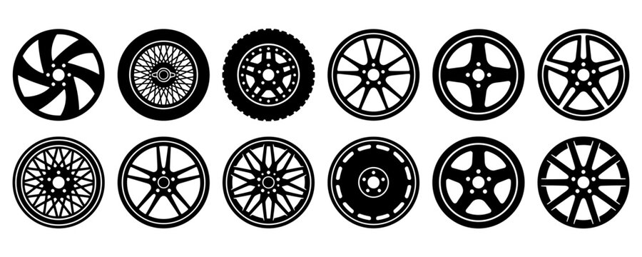 Car Rim and Wheel Icon Set Featuring Diverse Alloy and Steel Designs for Automotive and Transport Industry Graphics