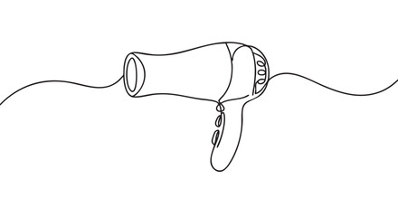 Obraz premium Minimalist continuous line drawing of a hair dryer with a flowing power cord, rendered in clean black lines against a bright white, creating a simple, elegant graphic illustration