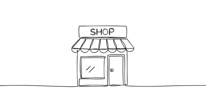 Simple continuous line drawing of a shop building with an awning and a sign displaying "SHOP", rendered in a minimalist, hand-drawn illustration style