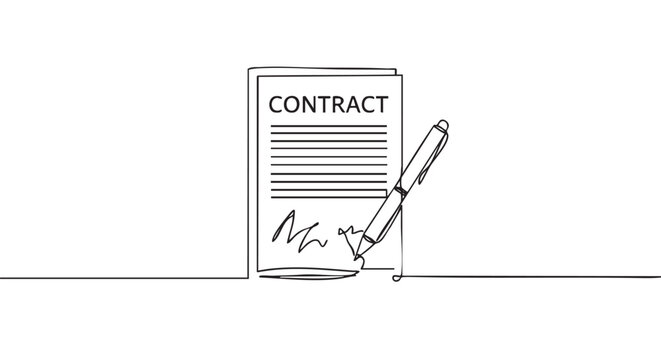 Single line drawing illustrates a contract document with a pen signing a signature, conveying concepts of agreement, legal paperwork, and business deals in a clean, modern artistic style