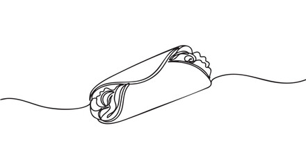Fototapeta premium Minimalist continuous line drawing of a delicious burrito, showcasing its rolled form with visible filling details in a simple, elegant artistic style