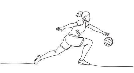 Dynamic continuous line art illustration depicts a female athlete dribbling a ball with energy and focus, showcasing athletic movement in a minimalist style