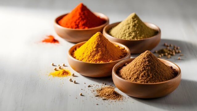 Assorted vibrant aromatic spices in wooden bowls on white table including turmeric chili powder and ground cumin for traditional culinary cooking