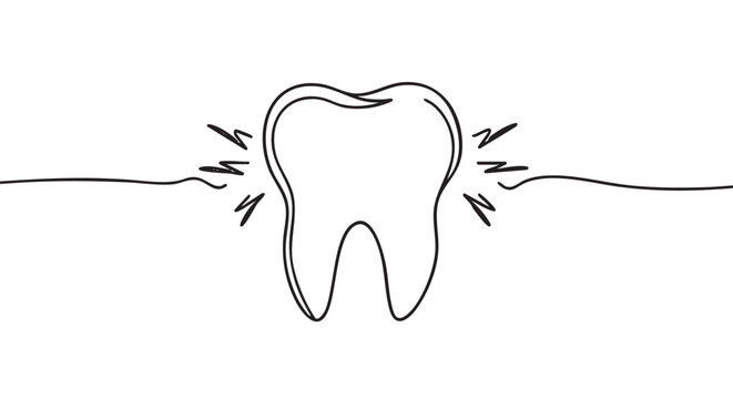 Single continuous line drawing of a tooth with radiating pain or sensitivity lines, rendered in a minimalist black and white art style