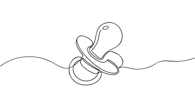 Minimalist black line art baby pacifier is elegantly drawn with a single continuous stroke, creating a simple and clean illustration
