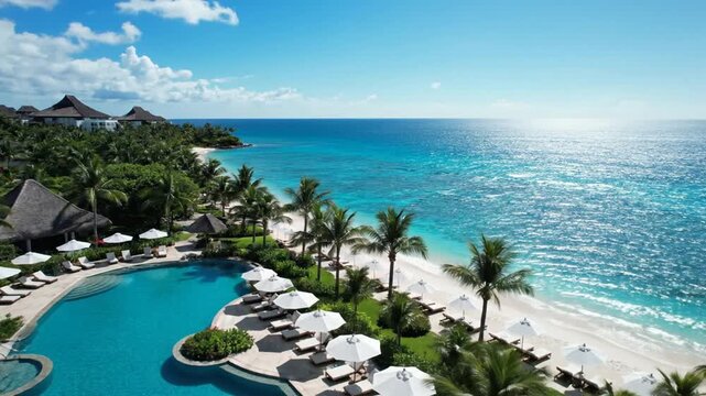 Aerial view of a tropical resort's infinity pool and beachside lounge with palm trees, turquoise ocean, and a sunny sky