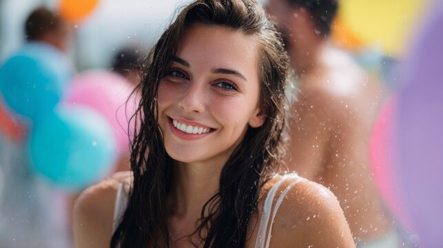 Young Woman Smiling in Summer Water Party With Balloons and Friends