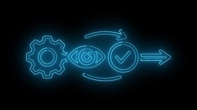Neon-lit illustration of a gear, eye, and checkmark with arrows on a black background, conveying a process or workflow concept.