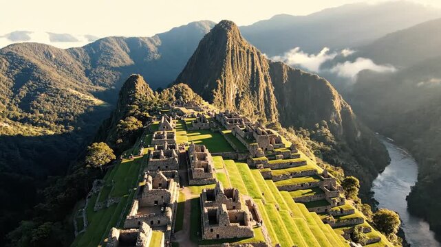 Ancient Inca ruins on a mountain with lush green grass and foggy mountains in the background, with a river flowing through