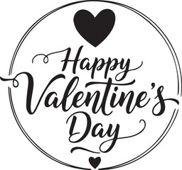 Elegant Cursive Valentine's Day Badge Sophisticated Black and White Circular Emblem Featuring Ornate Script Typography and Decorative Heart Accents