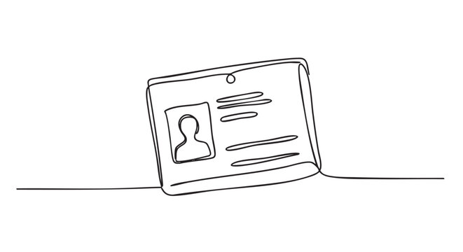 Minimalist continuous line drawing of an identification card, featuring a simple silhouette and abstract text lines, presented with a clean, modern aesthetic