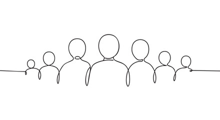 Continuous black line drawing depicts several abstract human figures of varying sizes, symbolizing connection, community, and teamwork in a minimalist art style