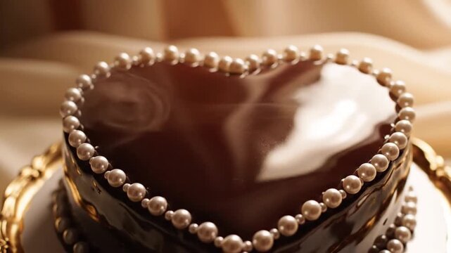 Chocolate heart-shaped cake with pearl decorations on a gold plate, Valentine's Day celebration background