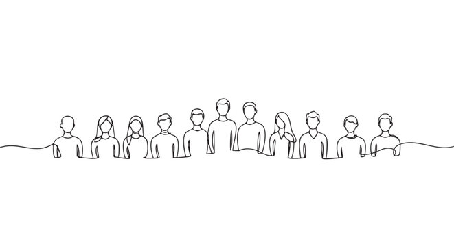 Continuous line drawing of diverse people standing together in a row, symbolizing unity, connection, and community in a minimalist artistic style
