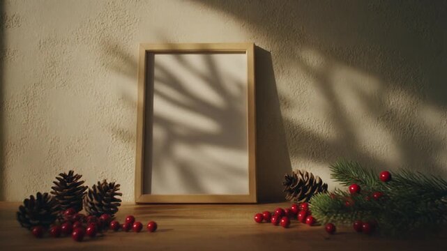 Christmas decorations with pinecones, holly, and frame on wooden table against wall with shadows