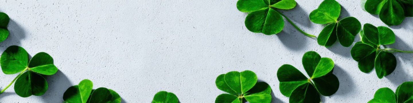 Fresh Green Clover Leaves Framing a Textured Gray Surface with Copy Space for Eco-Friendly Wellness Banners, Spring Promotional Headers, and Flat Lay Organic Design