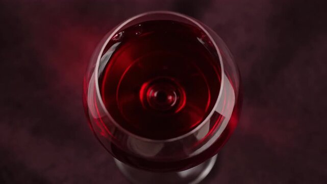 Close-up of a wine glass with red wine on a dark background with smoke, used for luxury or celebration