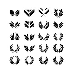 Collection of diverse black laurel wreaths and abstract geometric shapes on a white background. © BANJARETNO