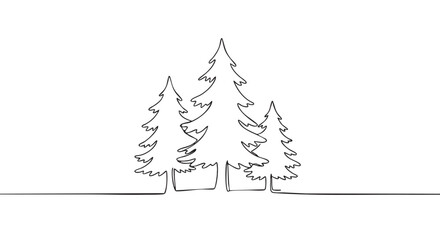 Obraz premium Three stylized continuous line pine trees are depicted in a minimalist black and white illustration, showcasing a simple artistic interpretation of a forest landscape