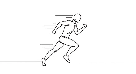 Continuous line art illustration of a running person in a dynamic athletic pose, depicted with speed lines to convey motion and energy