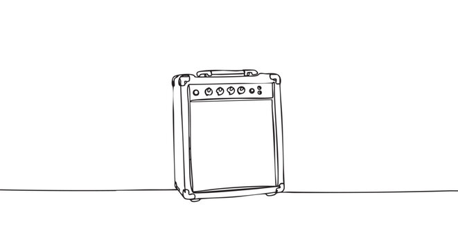Minimalist black line art guitar amplifier is depicted with a continuous single stroke, showcasing its classic shape, control knobs, and top handle in a clean, artistic style