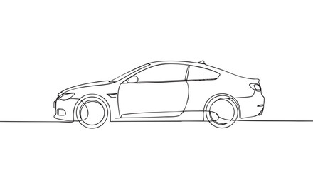 Fototapeta premium Sleek modern coupe car is depicted in a minimalist continuous one-line art style, showcasing its elegant profile and dynamic form with clean black lines