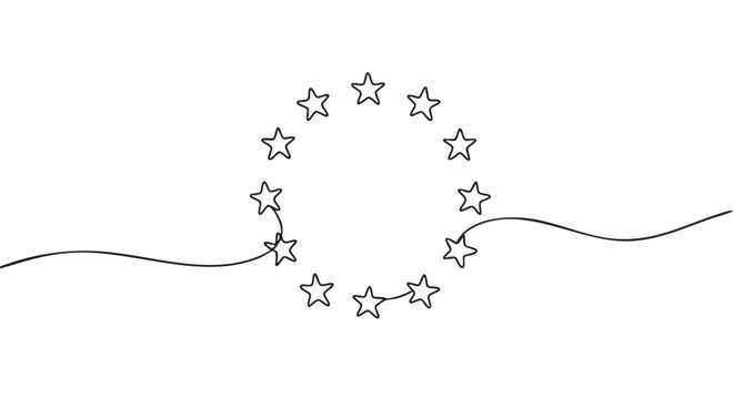 Continuous line drawing of twelve outlined stars forms a circular shape, connected by a flowing black line that extends horizontally on both sides, creating a minimalist and elegant design
