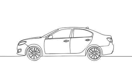 Naklejka premium Modern sedan car drawn in continuous line art style, showcasing its sleek design and four-door profile in a minimalist, clean illustration