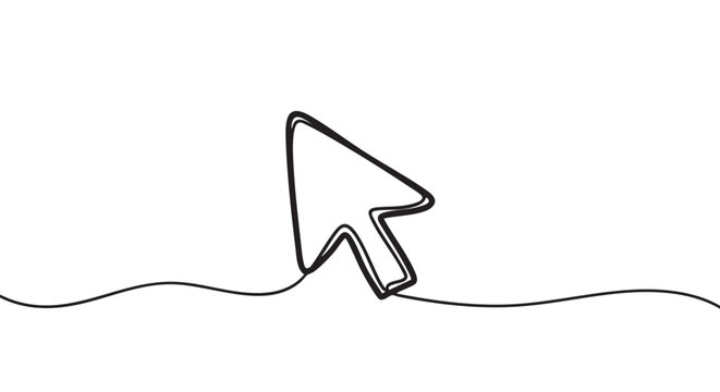 Minimalist black line art computer mouse cursor is depicted with a continuous wavy stroke, illustrating a clean and modern digital interface concept