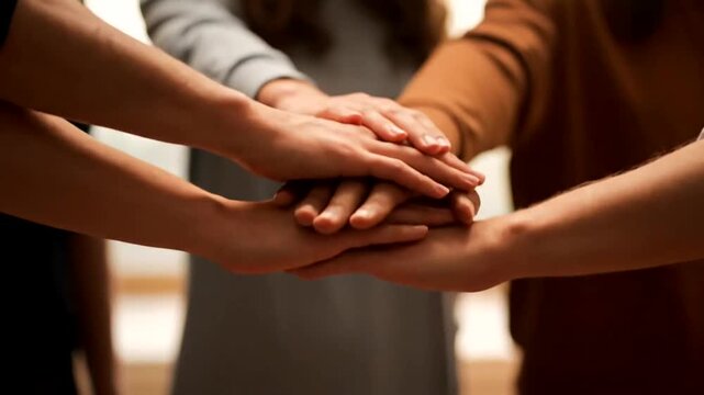 Diverse hands stacked on top teamwork.