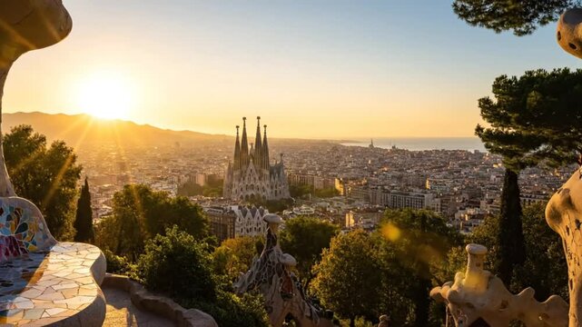 Barcelona city skyline at golden hour with Sagrada Familia and park elements in picturesque landscape