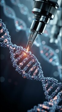 Gene editing medical breakthroughs. Genetic innovation. Advanced medicine. AI futuristic biotech. A detailed visual of DNA strands with a robotic arm for genetic manipulation.