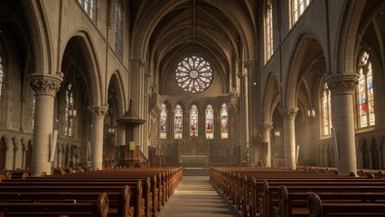 Obraz premium Interior View of a Grand Gothic Cathedral with Sunlight Streamin