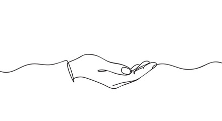 Obraz premium Minimalist continuous line drawing of a human hand with an open palm, symbolizing care, giving, or receiving, rendered in a simple, elegant artistic style
