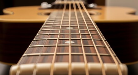 Fototapeta premium Close-up perspective view of an acoustic guitar fretboard with metallic strings and wooden neck, artistic low-angle shot representing the journey of music and creative path
