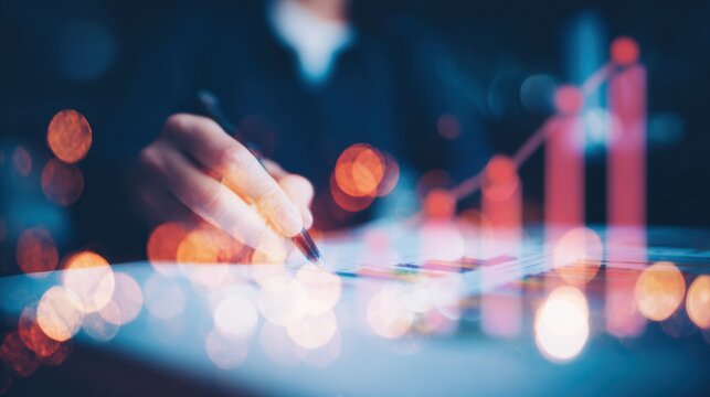 Businesswoman hand calculating financial report with growth chart for investment analysis, banking strategy banner in modern office with soft bokeh lighting