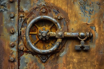 Close up of a rusty wheel lock mechanism on an old, weathered metal door, showing signs of age and decay