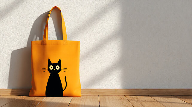 Halloween themed orange tote bag with black cat design on front standing on wooden floor